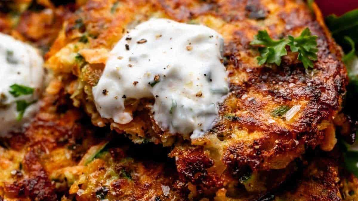 Close-up of crispy vegetable fritters topped with a dollop of creamy sauce and garnished with fresh parsley.