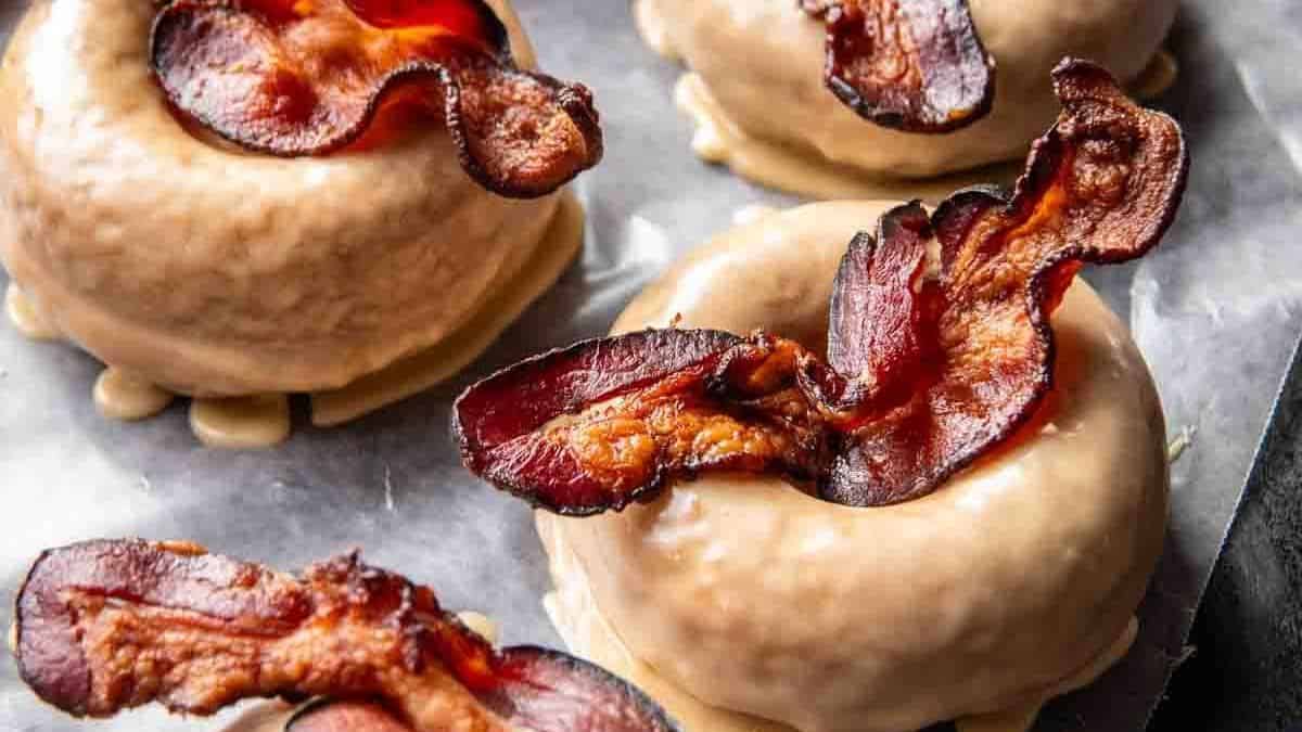 A close-up view of maple-glazed donuts topped with crispy bacon strips, arranged on a parchment-lined tray.