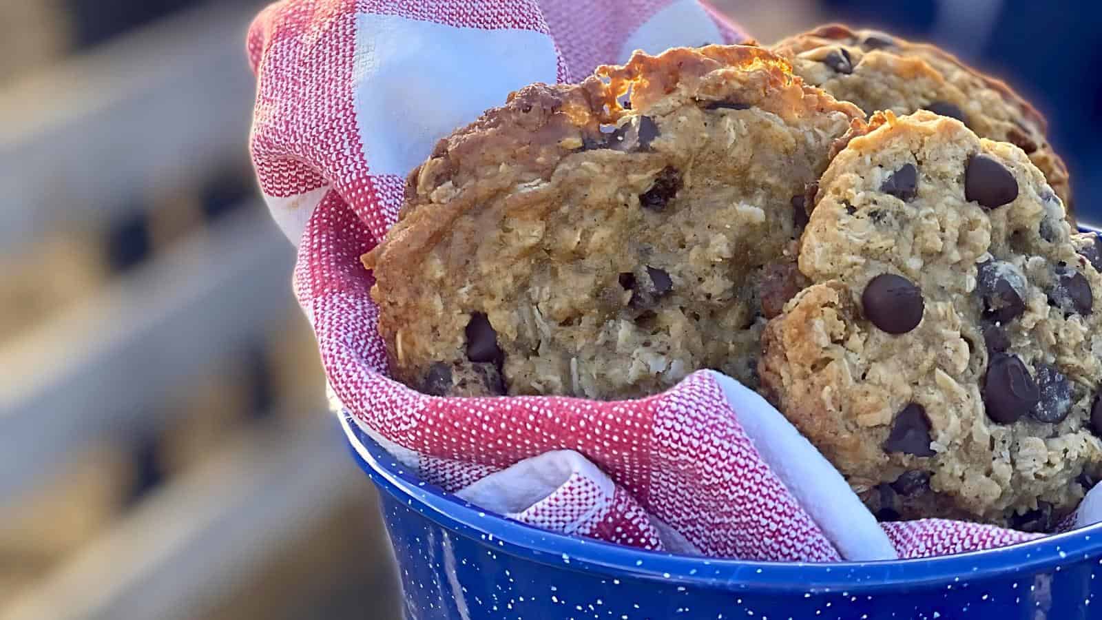 A blue speckled bowl lined with a red and white cloth holds several oatmeal chocolate chip cookies.