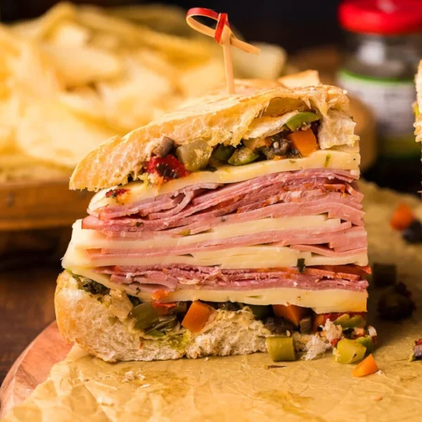 A large, overstuffed sandwich on a round loaf of bread, filled with layers of cold cuts, cheese, and chopped vegetables, cut in half and held together with skewers. In the background, a bowl of potato chips and a colorful cloth are visible.