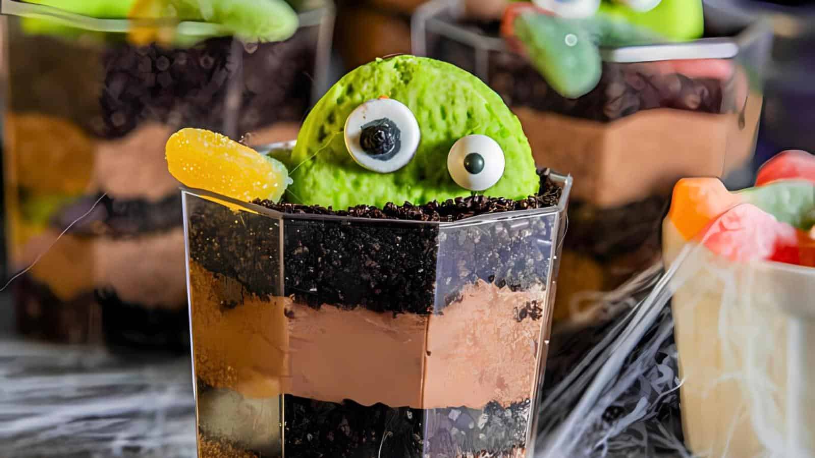 A layered dessert in a clear cup decorated as a green monster with googly eyes, gummy candies, and crumbs resembling dirt. The monster is peeking out from the top layer, with other similarly decorated dessert cups visible in the background.