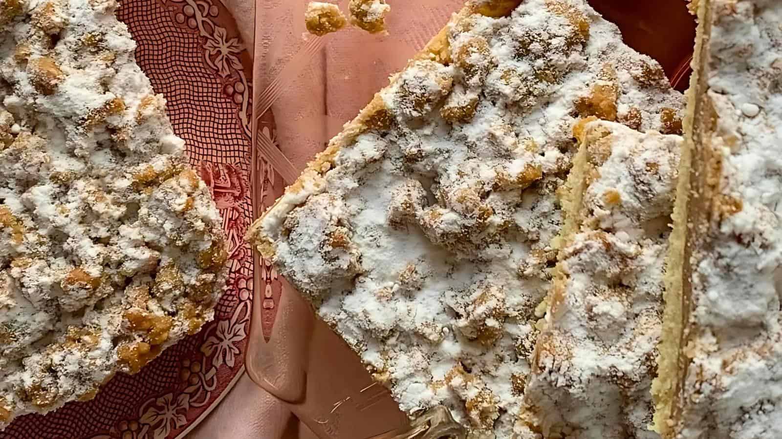 A close-up of crumbly, powdered sugar-covered dessert bars on a plate with a red and white pattern. The focus is on the texture of the bars, showcasing the layers of crumbs and sugar. The plate rests on a light pink tablecloth.