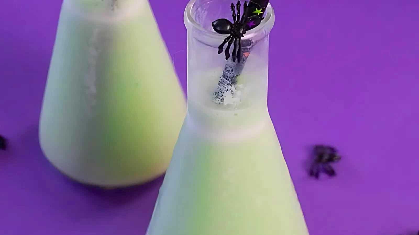 A green potion in a laboratory flask against a purple background is topped with a black toy spider. Another similar flask, slightly blurred, is visible in the background, along with an additional toy spider.