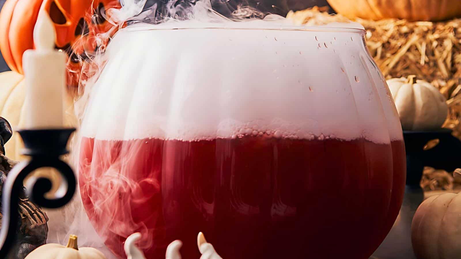 A large, glass bowl filled with red punch emitting smoky vapors, creating a foggy effect. In the background, there are various Halloween-themed decorations, including pumpkins and a lit candle. The scene exudes a spooky, festive atmosphere.