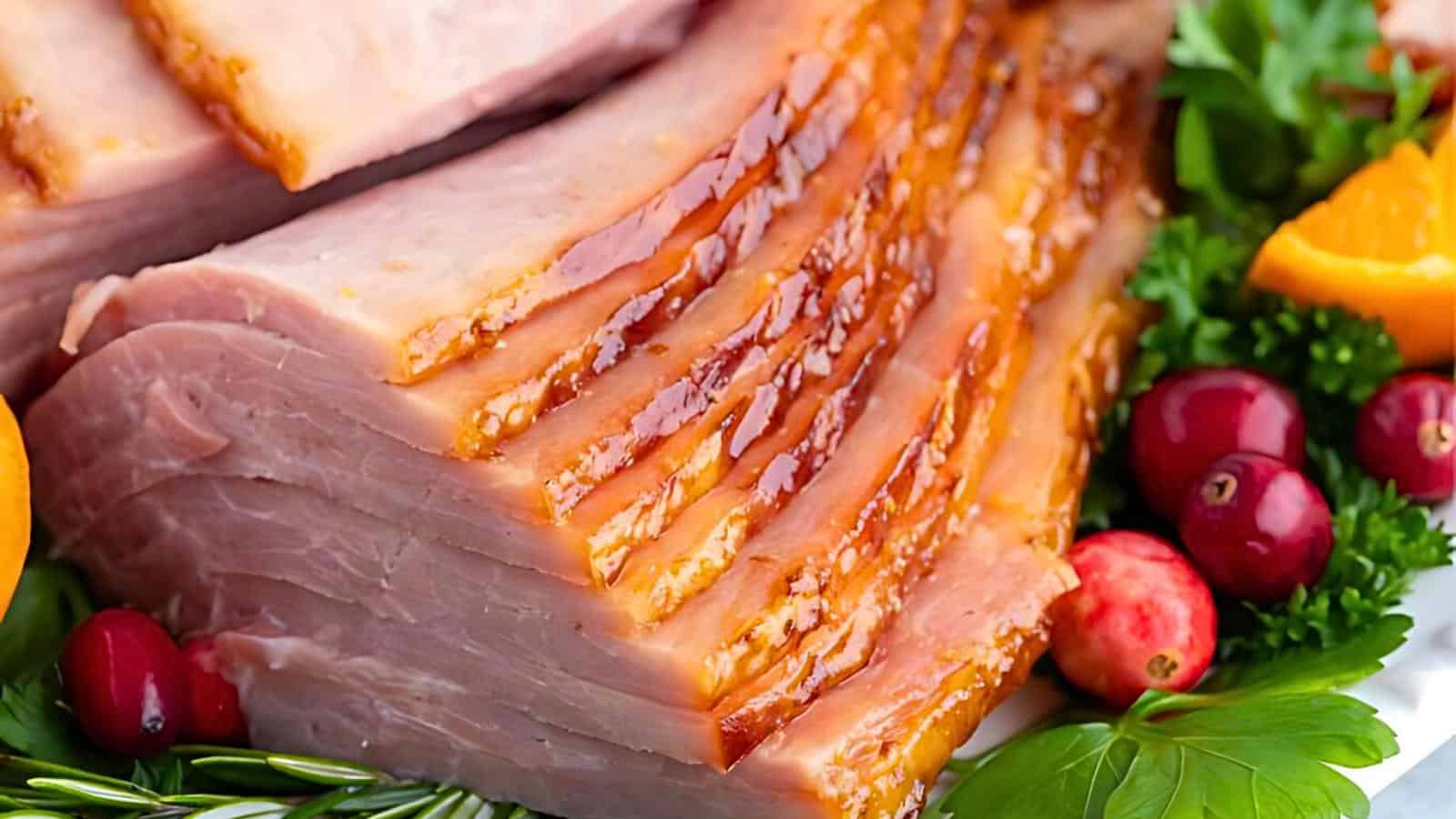 Close-up of sliced baked ham with a glazed, caramelized surface. The ham is garnished with fresh cranberries, orange slices, and assorted greens. The slices are fanned out, showcasing the juicy and tender texture.
