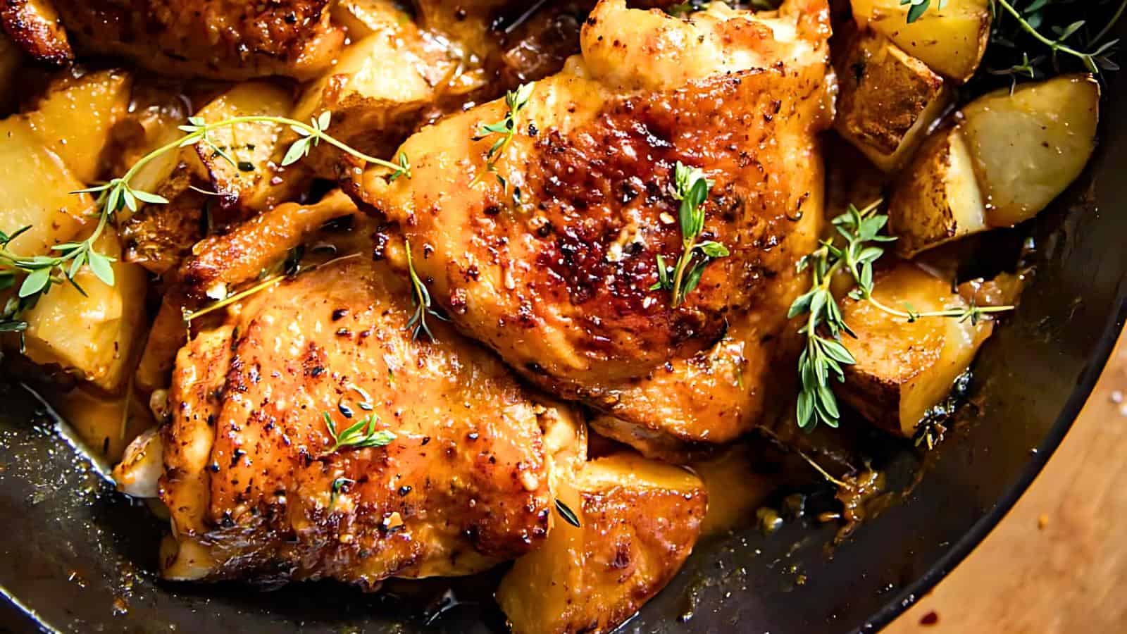 A close-up of roasted chicken thighs with crispy, golden-brown skin and garnished with fresh thyme. The chicken is surrounded by roasted potato wedges in a dark pan, all appearing tender and flavorful with a caramelized, herb-infused finish.