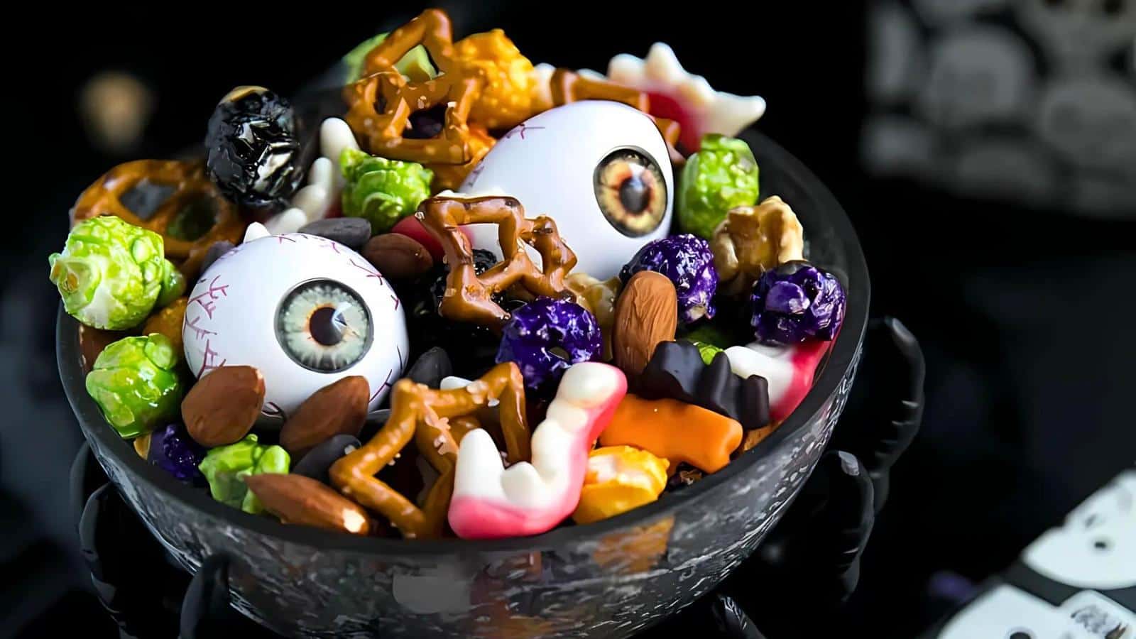 A bowl filled with Halloween-themed snacks, including colorful popcorn, pretzels, almonds, candy in various shapes, and spooky eyeball decorations. The bowl is held by black, skeletal hands, and the dark background enhances the eerie ambiance.