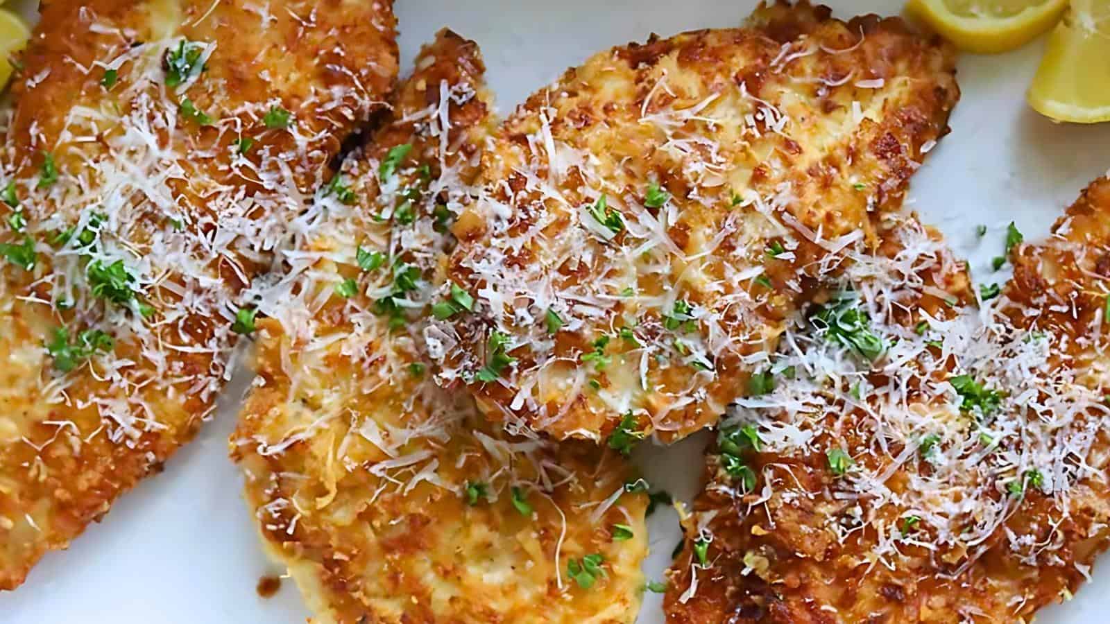 Golden-brown breaded chicken cutlets topped with grated Parmesan cheese and garnished with chopped parsley, arranged on a white plate with lemon wedges on the side.