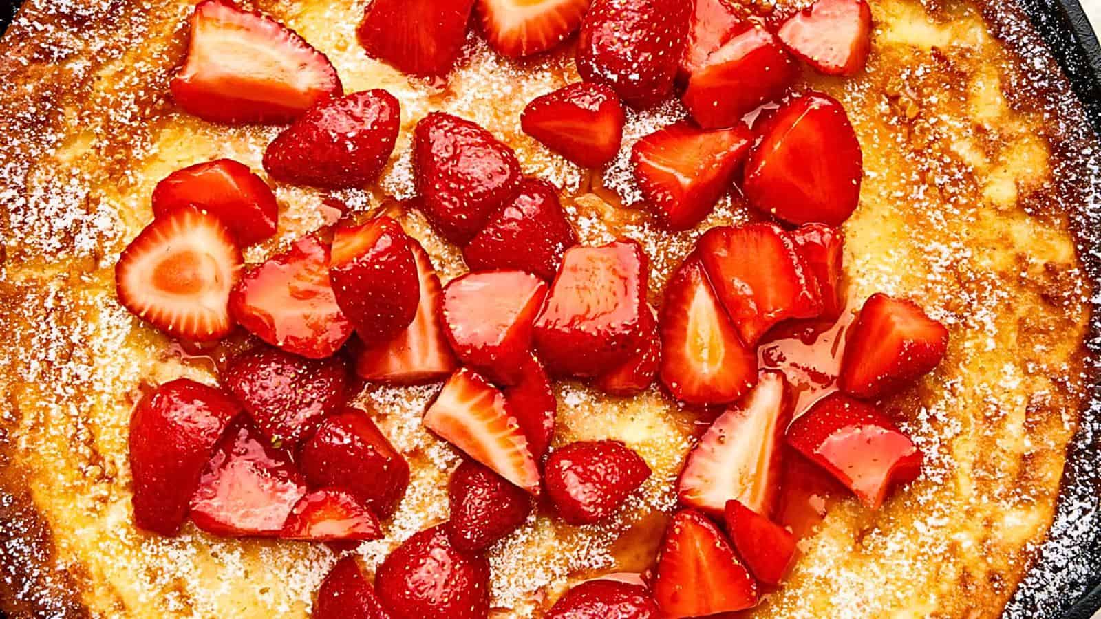 A close-up view of a dessert featuring a layer of sliced strawberries on a golden, slightly caramelized surface. Powdered sugar is dusted lightly over the strawberries and the dessert's crust, creating a sweet and appetizing presentation.