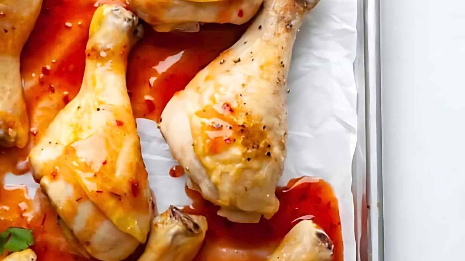 Close-up of baked chicken drumsticks covered in a glossy red sauce, placed on a baking sheet lined with white parchment paper. The drumsticks are lightly seasoned with visible pepper flakes, and the sauce appears to have a slightly spicy, tangy texture.