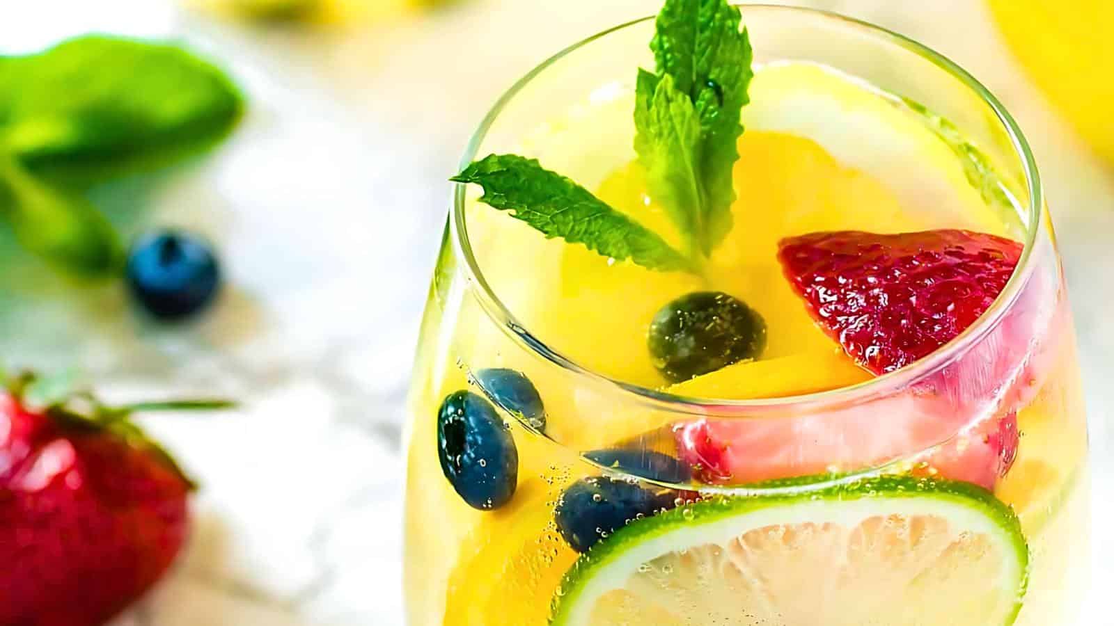 A refreshing glass filled with various fruits like lime slices, blueberries, strawberries, and pineapple chunks. Fresh mint leaves garnish the top, adding a vibrant touch. Additional strawberries and mint leaves are blurred in the background.