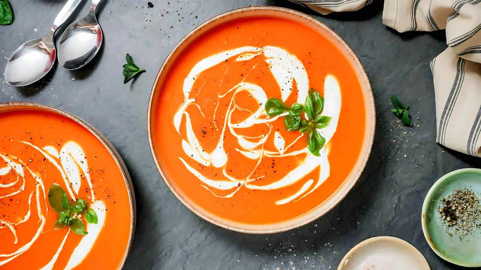 A top-down view of a bowl of creamy tomato soup garnished with swirls of cream and fresh basil leaves. The bowl is placed on a dark slate surface next to a striped cloth napkin, two spoons, some mint leaves, and a small bowl of pepper.