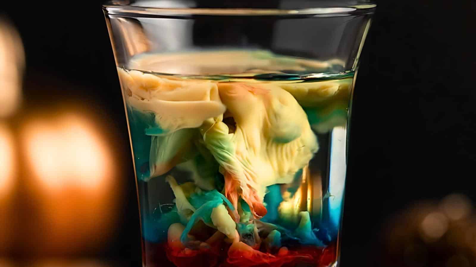 A close-up of a cocktail in a glass, featuring layered colors of blue, red, and creamy white. The colors appear to be swirling and mixing together, creating a visually striking, abstract pattern. The background is dark with warm, blurred lights.