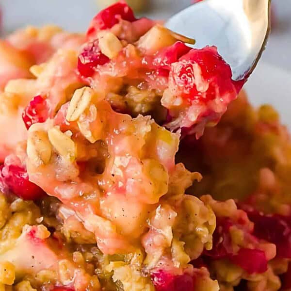 A close-up of a spoonful of baked oatmeal topped with vibrant red cranberries. The oatmeal appears creamy with a mix of textures from oats and fruit, and it is placed in a white bowl with more cranberries scattered around.