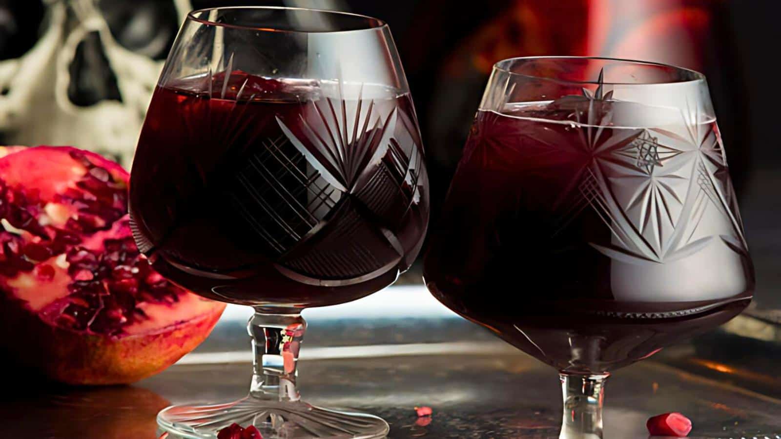 Two ornate glasses filled with dark red wine are placed on a reflective surface. A halved pomegranate and scattered seeds are visible in the background, adding a rich, textured contrast. The setting conveys a luxurious and slightly mysterious ambiance.