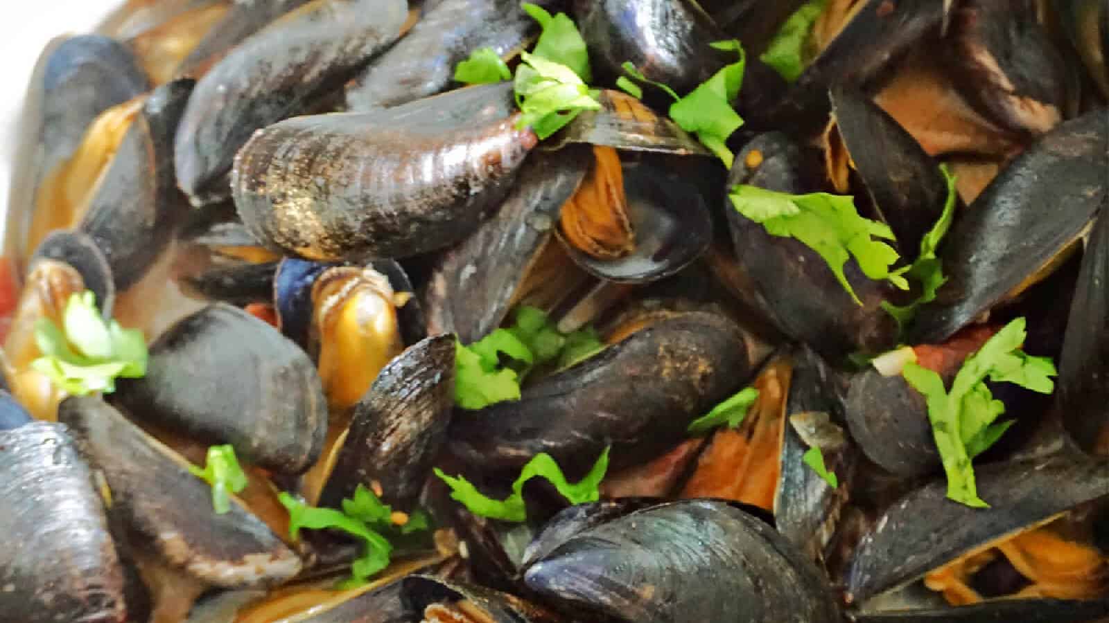 Mussels garnished with fresh chopped parsley.