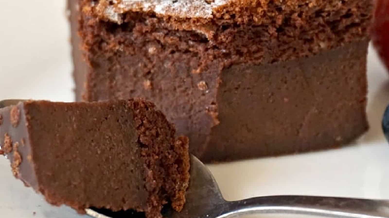 A slice of chocolate magic cake on a plate.