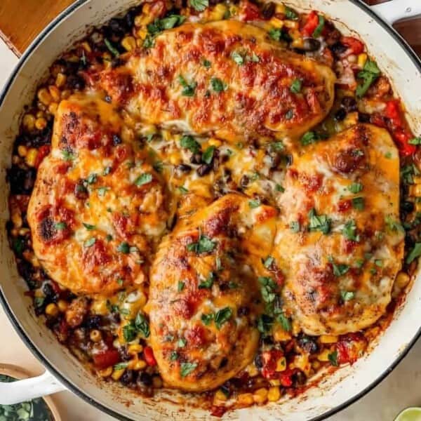 Baked chicken breasts with melted cheese in a skillet, surrounded by corn, black beans, diced peppers, cilantro, lime wedges.