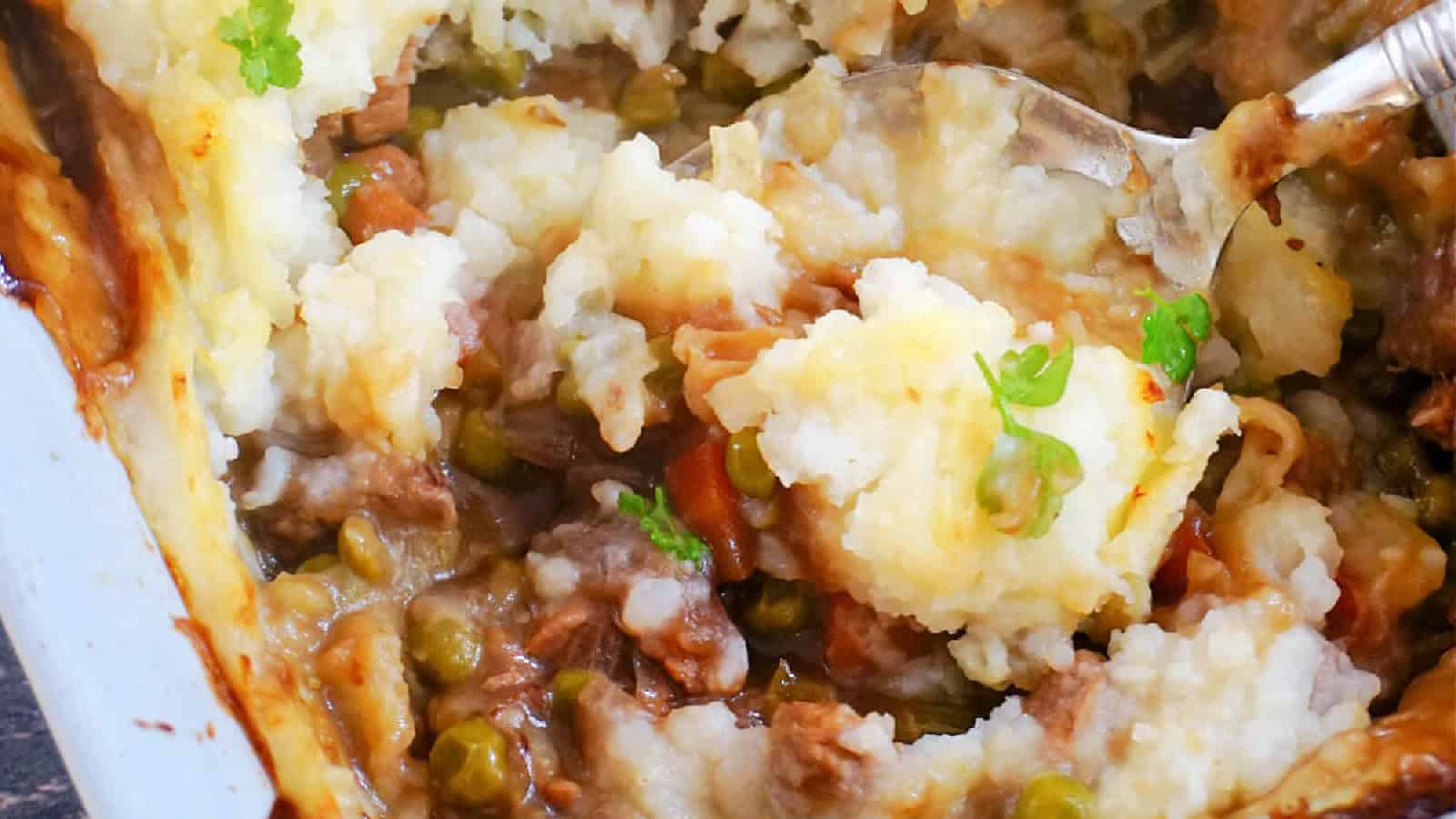 A dish with beef cottage pie.