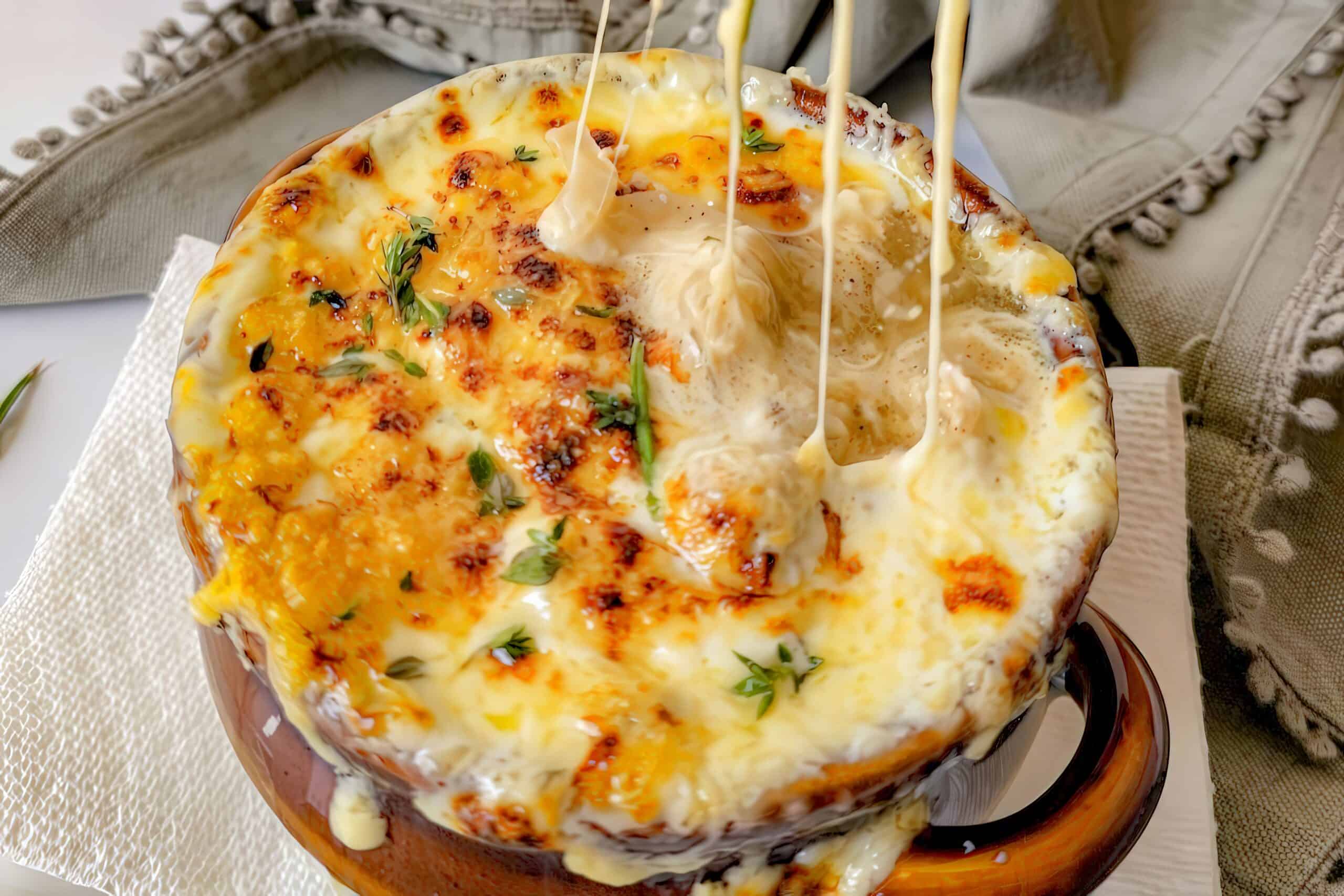 A spoon pulling cheese from a hot soup crock of onion soup.