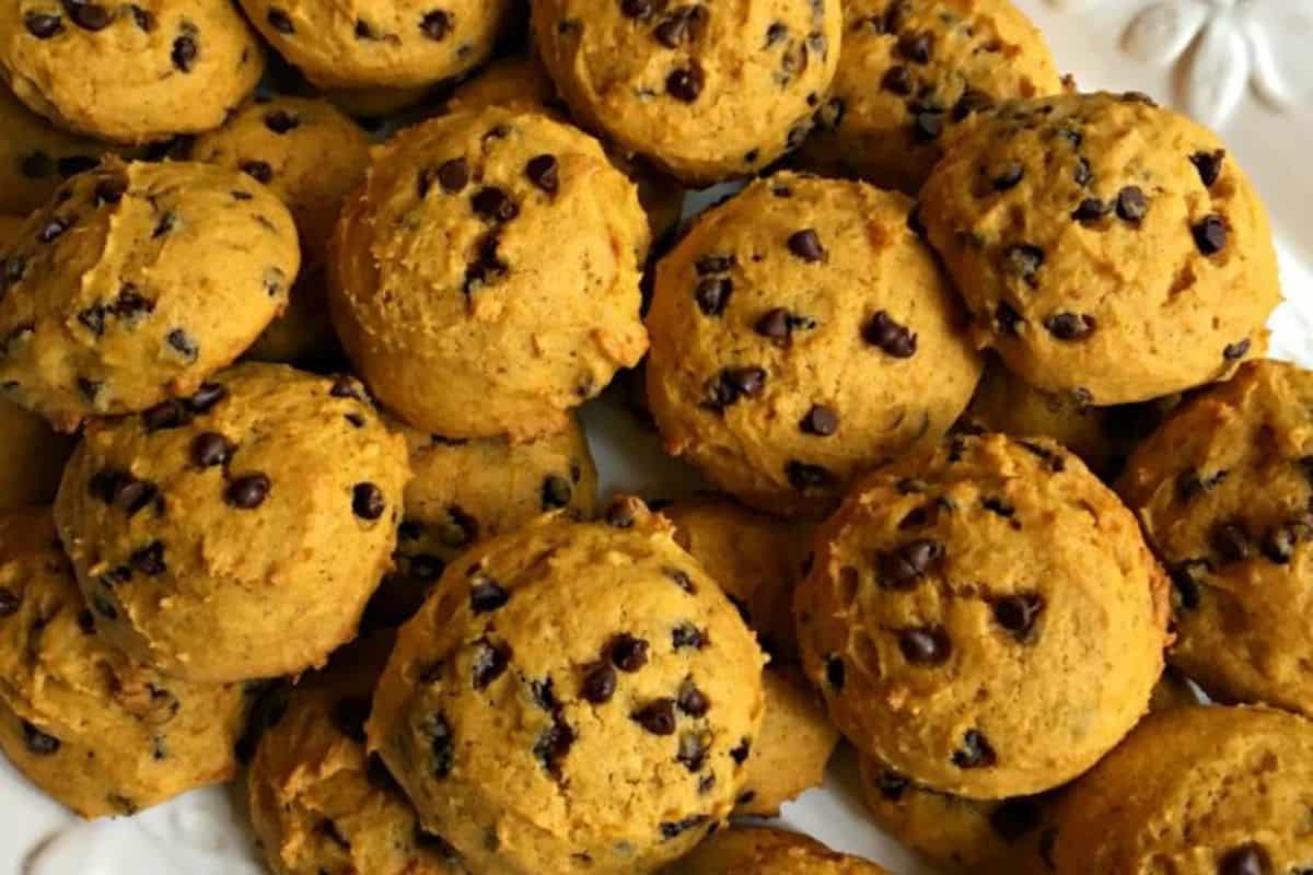 A close-up of a plate piled with homemade pumpkin chocolate chip cookies. The cookies are golden-brown, visibly soft, and dotted with small, melty chocolate chips. They look freshly baked and delicious.
