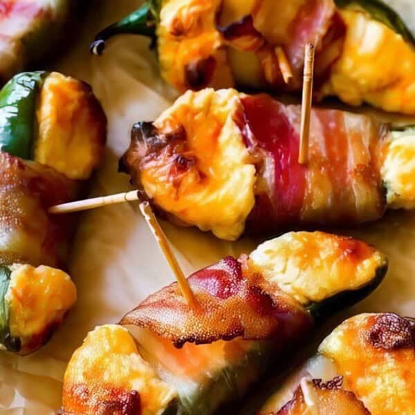 Bacon wrapped peppers stuffed with cheese on a platter with toothpicks.