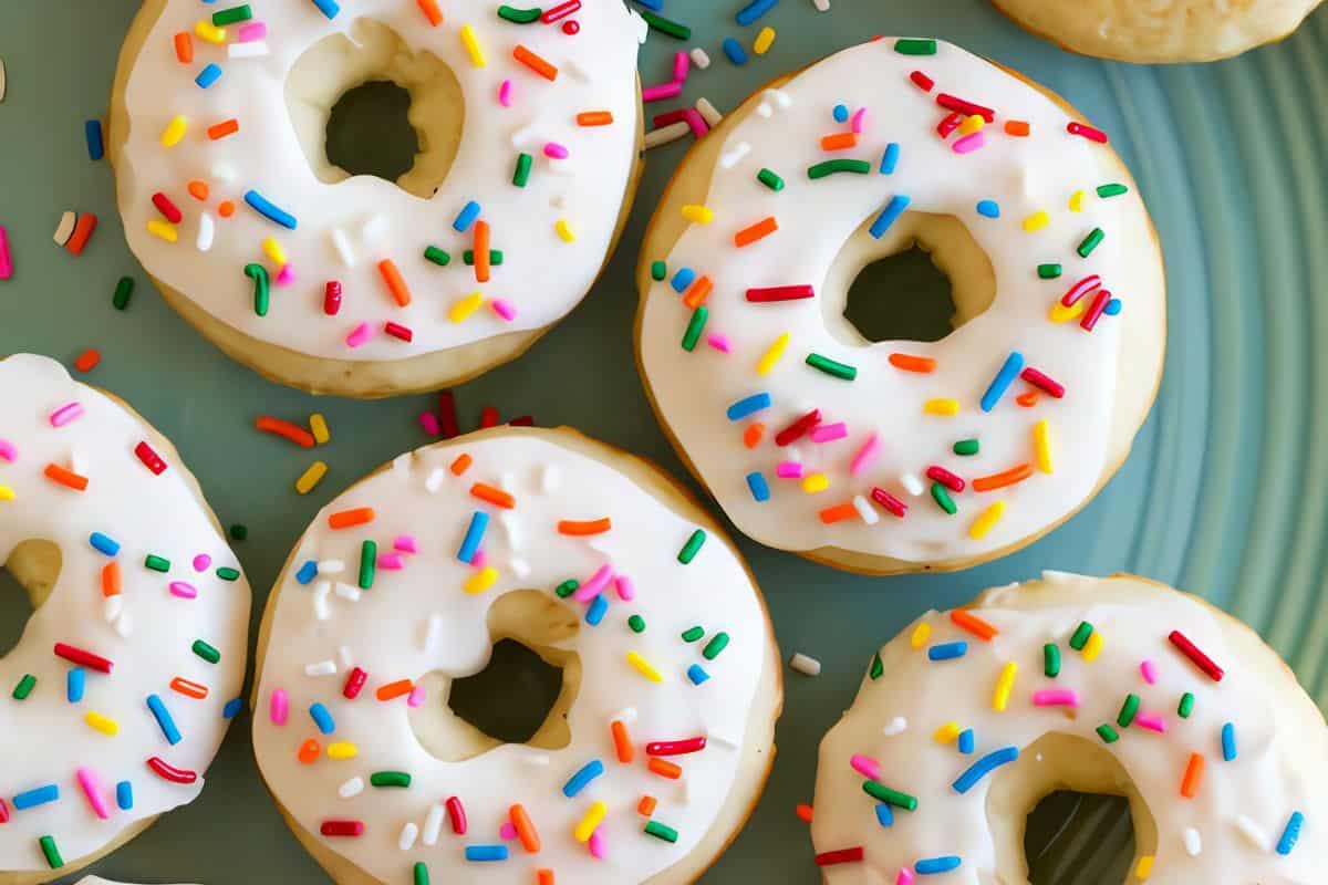 A plate of bright and colorful homemade donuts topped with white icing and rainbow sprinkles. The donuts are arranged closely together on a teal plate, showcasing a variety of colorful sprinkles scattered across the surface.