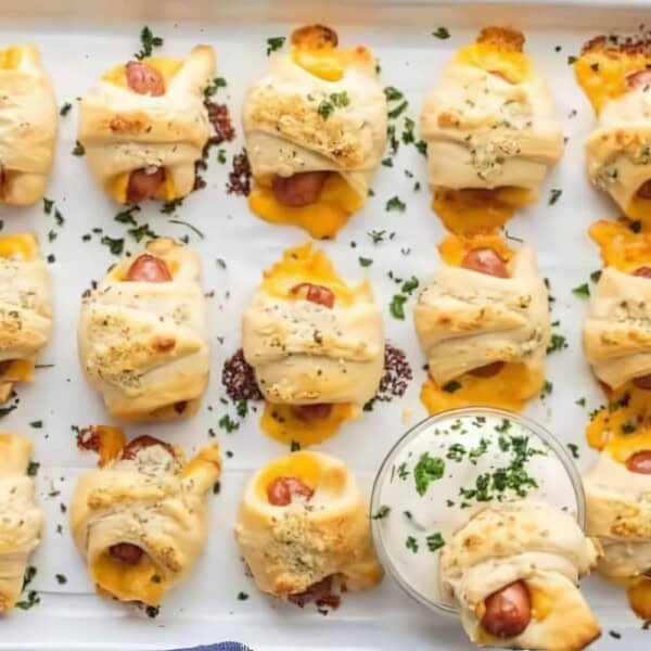 A tray with baked crescent roll-wrapped sausages and melted cheese, garnished with herbs, accompanied by a small bowl of dipping sauce.