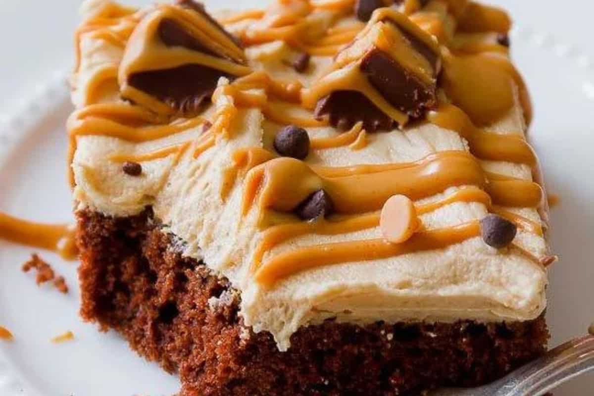 A close-up of a chocolate brownie topped with creamy frosting, a drizzle of caramel, chocolate chips, and a few small pieces of peanut butter cups. A fork is resting on the plate beside the brownie, ready to dig in.