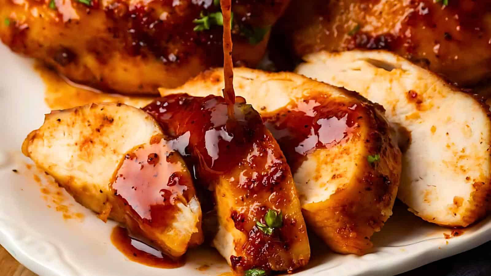Sliced cooked chicken breast on a plate with glossy reddish-brown sauce being poured over the top.