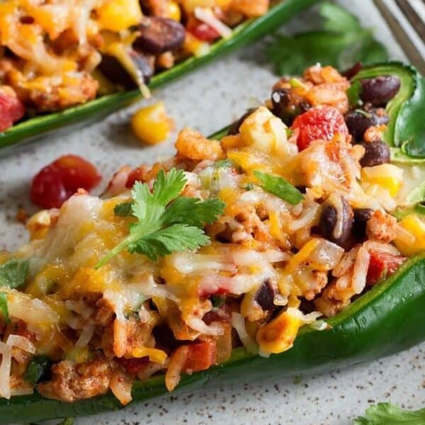 Two halved poblano peppers stuffed with ground meat, black beans, corn, tomatoes, melted cheese, and cilantro on a plate.