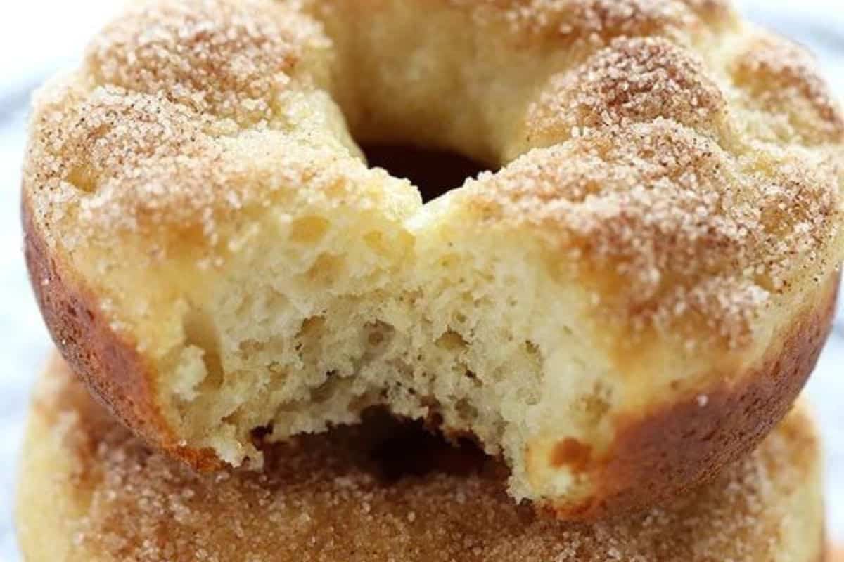 Close-up image of a stack of two cinnamon sugar-coated doughnuts. The top doughnut has a bite taken out of it, revealing a soft and fluffy interior. The golden-brown doughnuts have a textured surface dusted with a generous amount of cinnamon sugar.