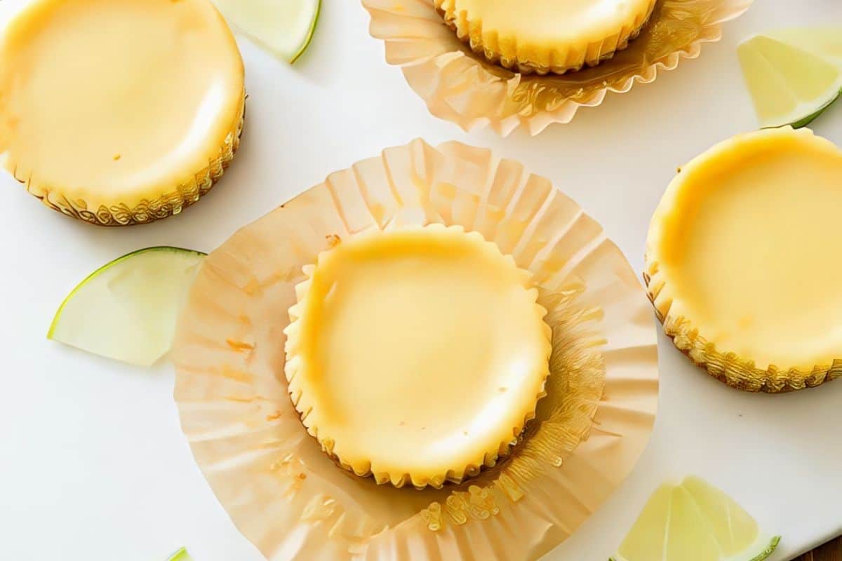 Several creamy, yellow mini cheesecakes are placed on opened brown cupcake liners, accompanied by slices of lime scattered around. The cheesecakes have smooth tops and the image has a bright, clean background.