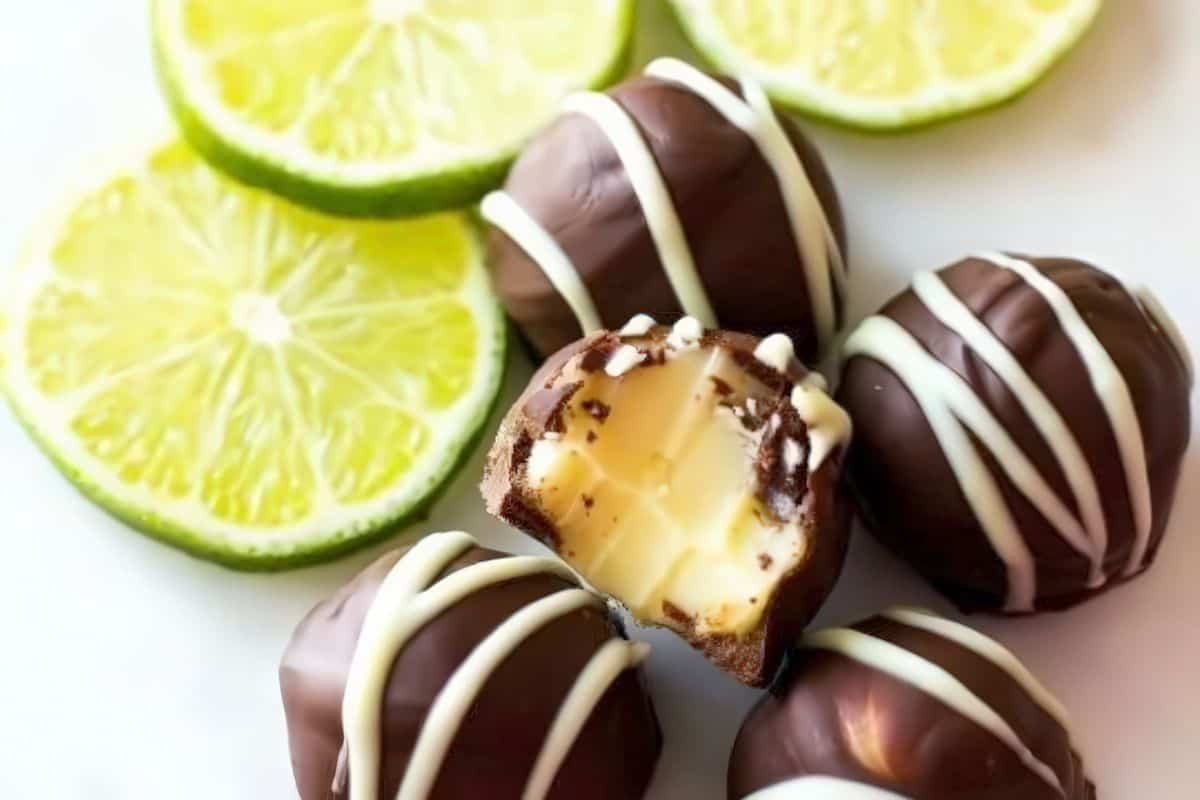 Several chocolate truffles with white chocolate drizzle are arranged near slices of fresh lime. One truffle has a bite taken out, revealing a creamy filling inside. The background is a clean, white surface.