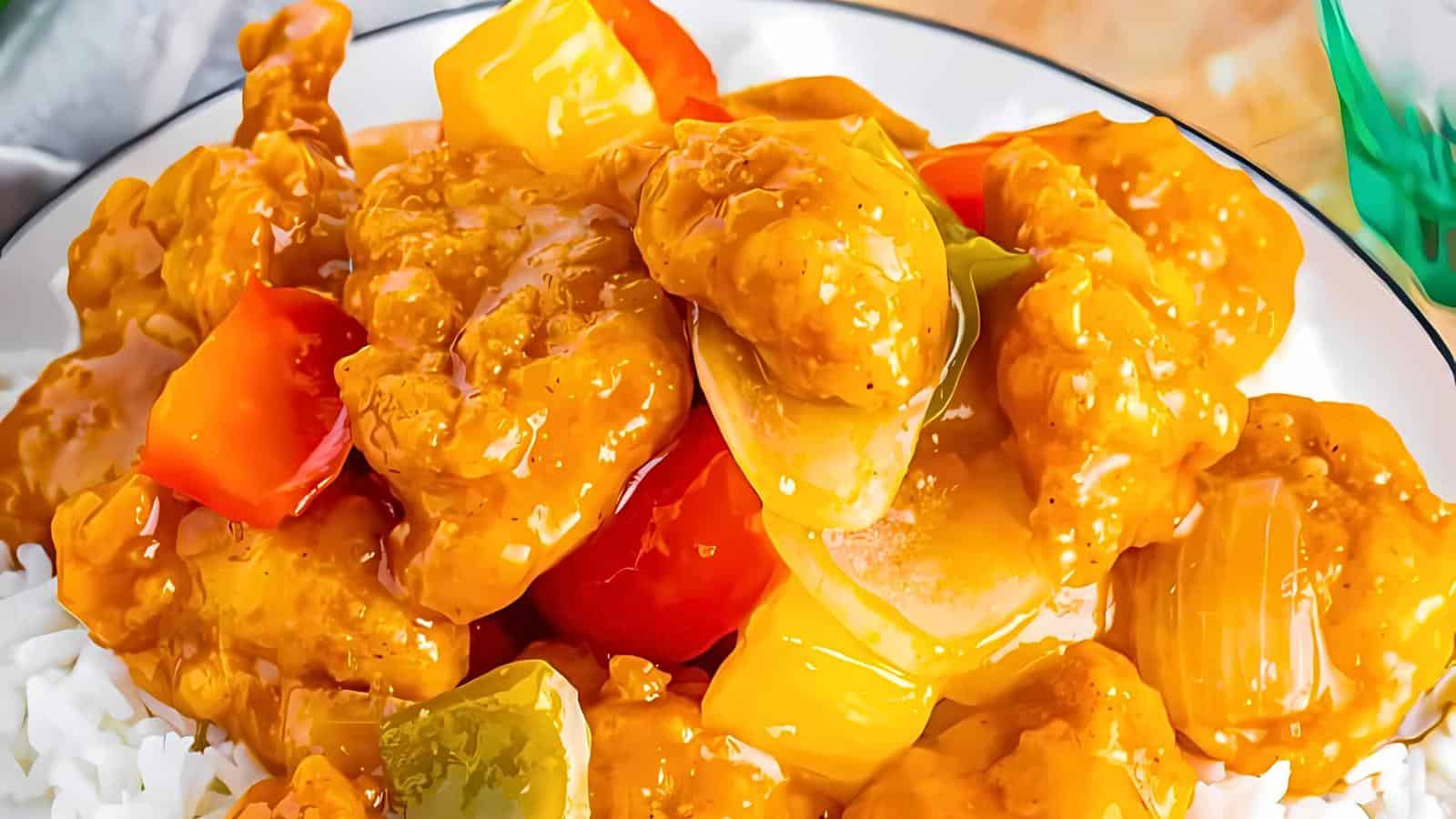 A close-up photo of sweet and sour chicken on a plate with white rice. The dish features crispy chicken pieces coated in a glossy orange sauce, mixed with chunks of red and yellow bell peppers and onions.