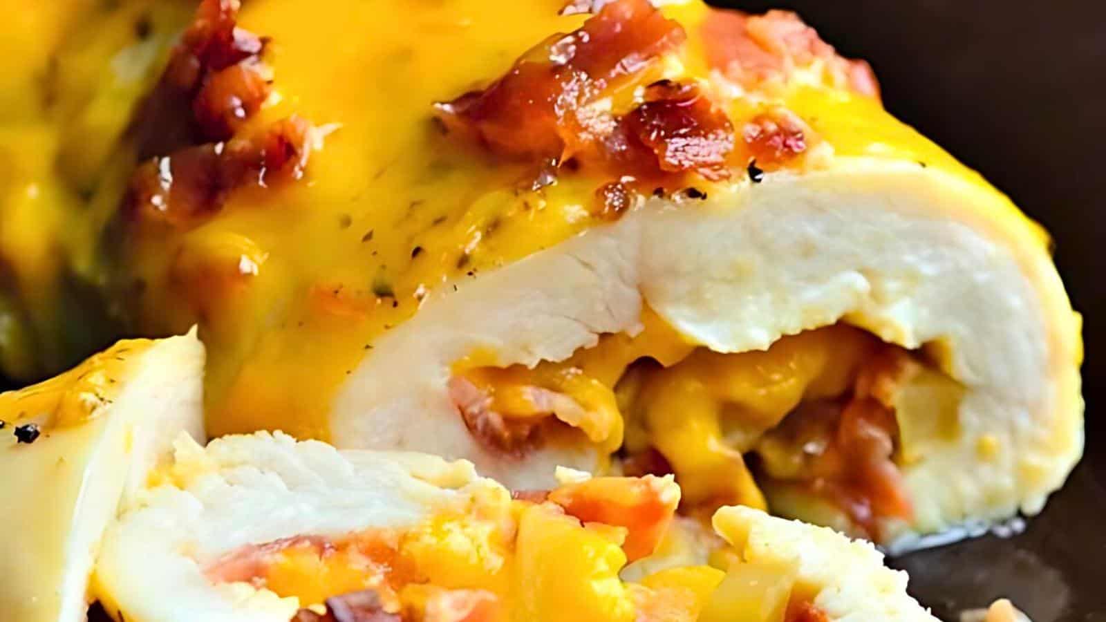 Close-up of a stuffed chicken breast sliced open, revealing a cheesy filling with bits of bacon and other ingredients. The chicken is topped with a layer of melted cheese and garnished with more bacon pieces. The dish appears hot and freshly prepared.