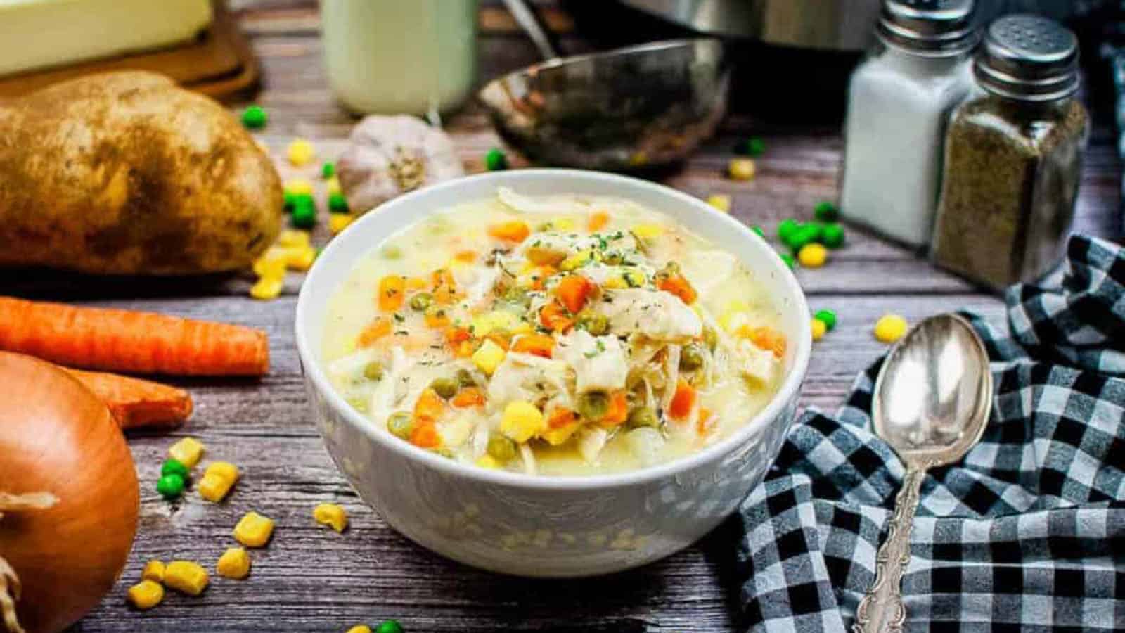 A bowl of creamy chicken soup with diced vegetables such as carrots, peas, and corn on a rustic wooden table. Surrounding the bowl are whole vegetables including a potato, carrot, onion, and spices. A checkered cloth and a spoon are also visible next to the bowl.