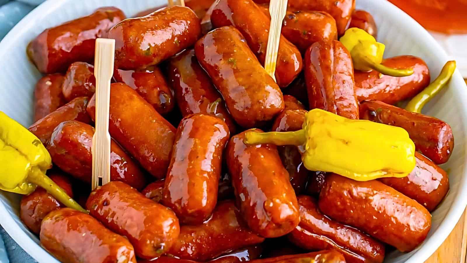 A bowl filled with small, glazed sausages on toothpicks, garnished with a few whole yellow peppers. The sausages have a glossy, caramelized coating, making them look savory and appetizing.