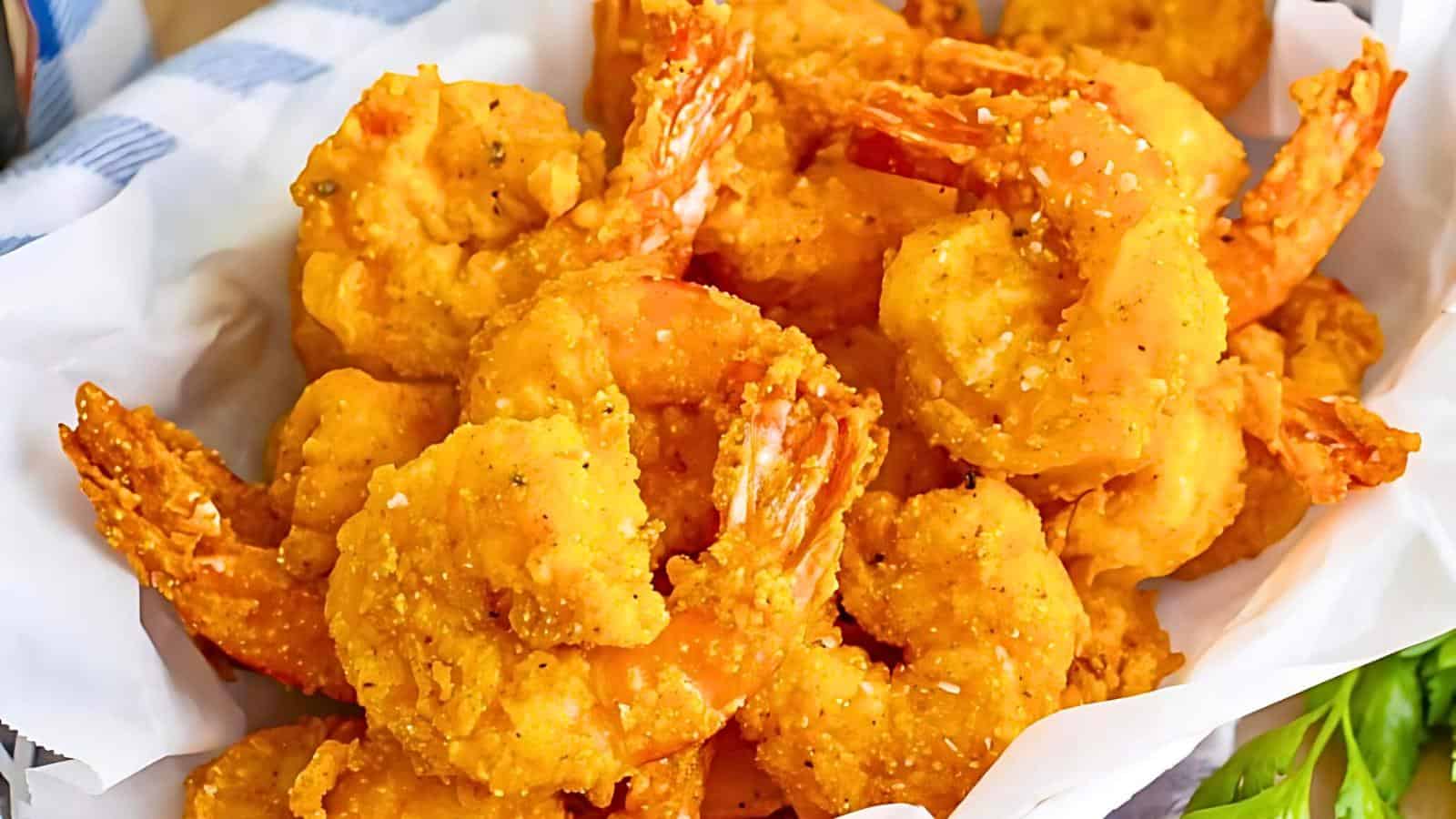A close-up of a basket filled with golden-brown fried shrimp. The shrimp are coated in a crispy, seasoned batter and placed on a white paper lining. They are arranged in a hearty pile, ready to eat. A sprig of fresh green parsley is beside the basket.