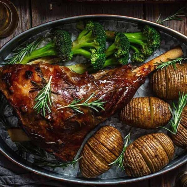 A roasted leg of lamb with rosemary, served with broccoli and hasselback potatoes in an oval pan on a wooden table.
