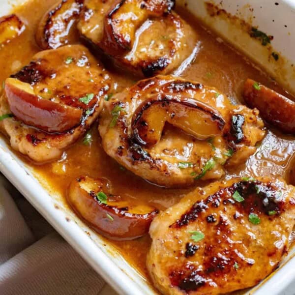A close-up of a white baking dish filled with glazed pork chops and caramelized apple slices in a rich, golden-brown sauce. The pork chops are garnished with small green herbs and look juicy and well-cooked. The dish is placed next to a light beige cloth napkin.