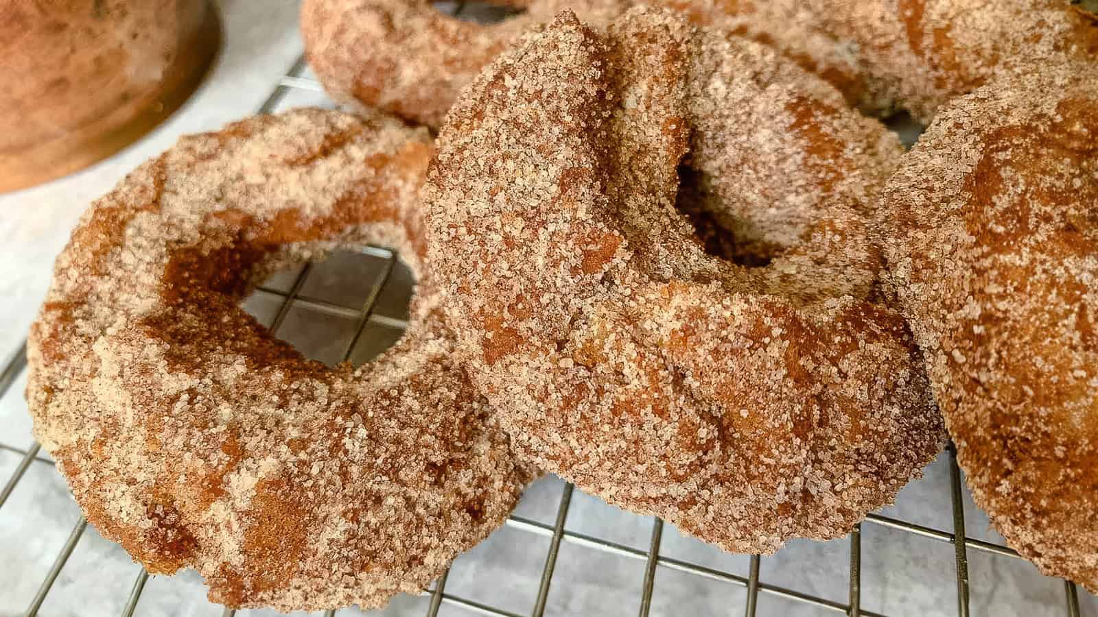 A close-up of three freshly baked cinnamon sugar-coated donuts resting on a cooling rack. The donuts have a rough texture from the sugar coating and are golden brown in color. The background is slightly blurred, focusing the attention on the donuts.