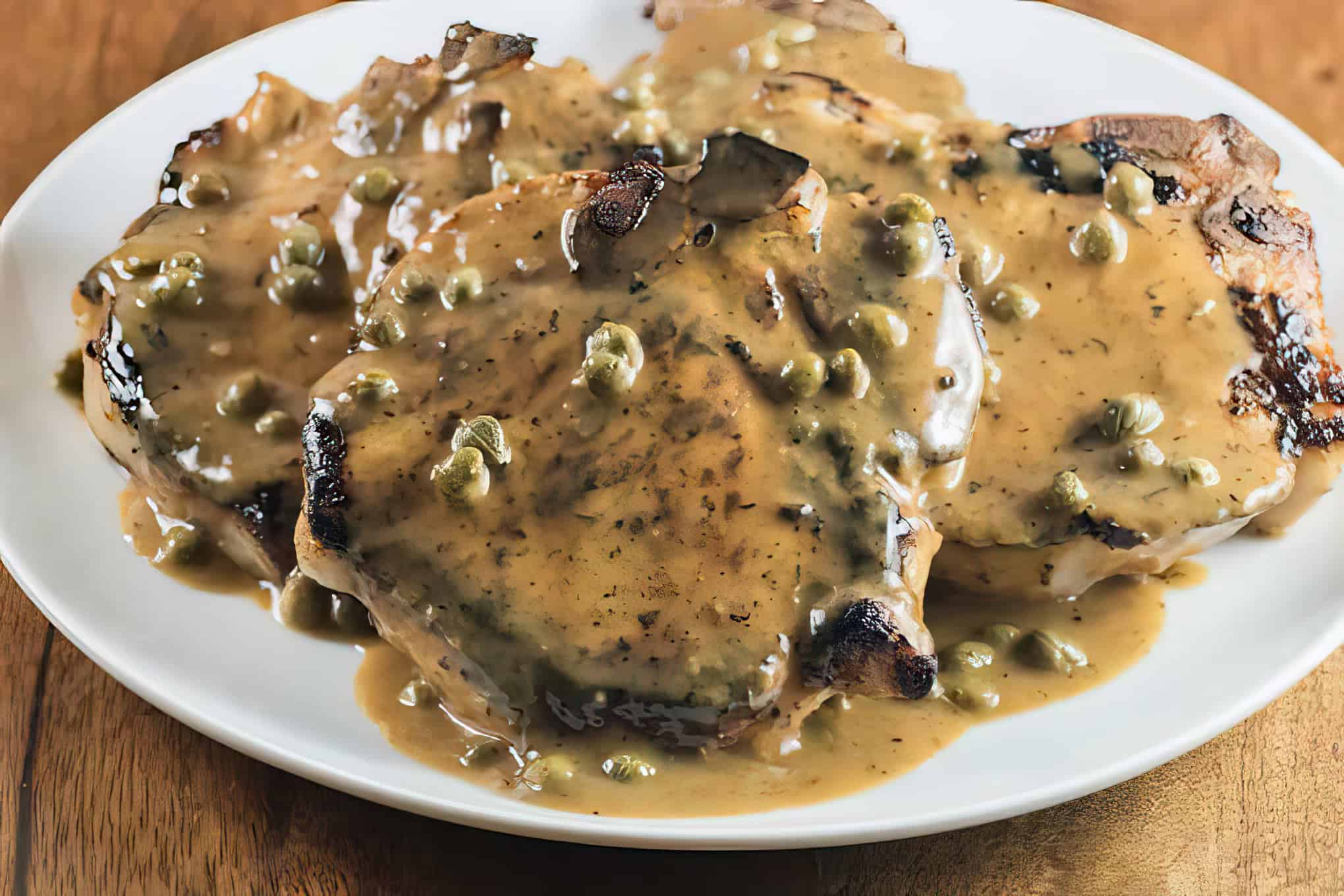 A white plate holds three grilled pork chops generously covered in a creamy mushroom and caper sauce. The dish looks rich and savory, with a glossy finish on the sauce and sear marks visible on the chops. The background is a wooden table.
