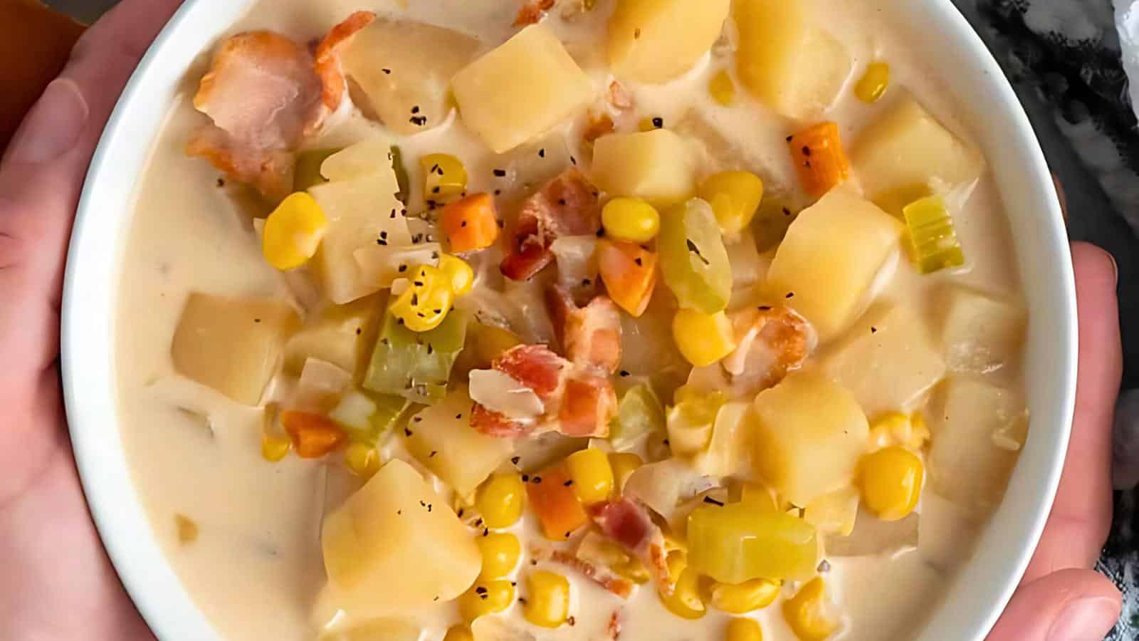 A close-up of a bowl of creamy potato soup topped with corn kernels, chopped carrots, celery, onions, and bacon bits. The soup appears to be homemade, with a pepper garnish visible on the surface. The bowl is being held by two hands.