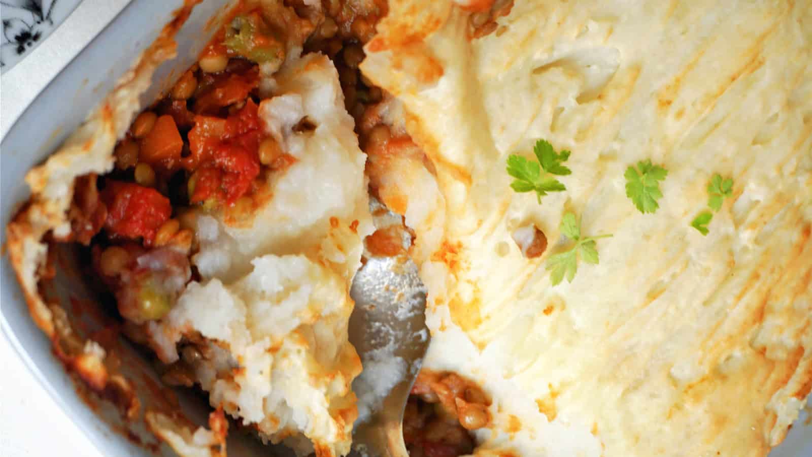 A dish with lentil shepherd's pie.