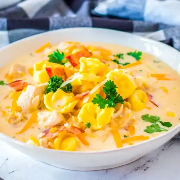 A white bowl of creamy tortellini soup with parsley and shredded cheese on top, on a marble surface beside a spoon and checkered cloth.
