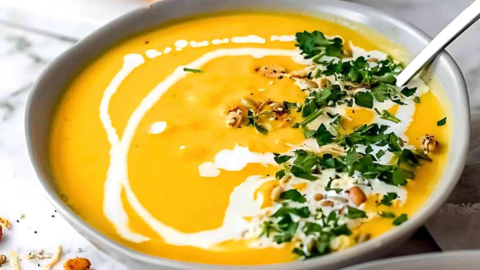 A bowl of creamy yellow soup garnished with swirls of cream, chopped green herbs, and sprinkled nuts. A silver spoon rests in the soup, which appears smooth and inviting. The background is blurred, highlighting the dish's vibrant colors and textures.