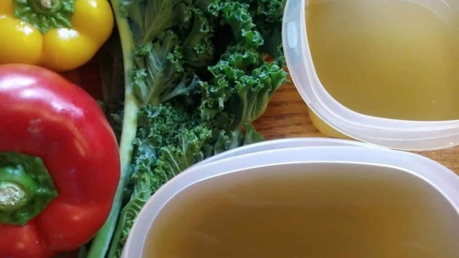2 containers of vegetable broth with a leaf of raw kale and yellow and red bell pepper.