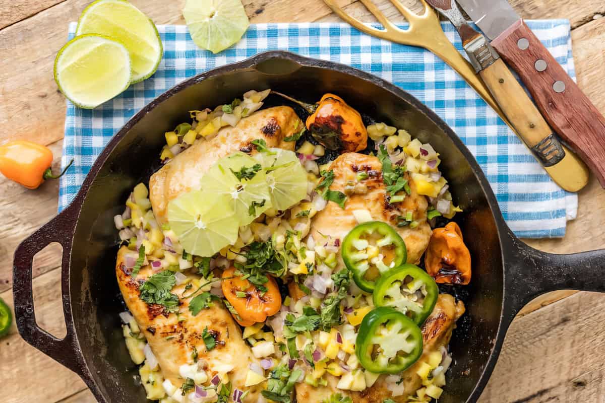 Skinny One Pan Caribbean Jerk Chicken Recipe (with Mango Salsa) in all its glory