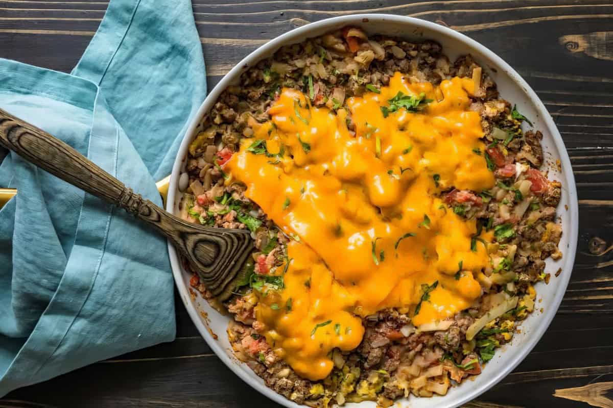 One Pan Cheesy Beef Breakfast Scramble (Skillet Breakfast Casserole) served fresh